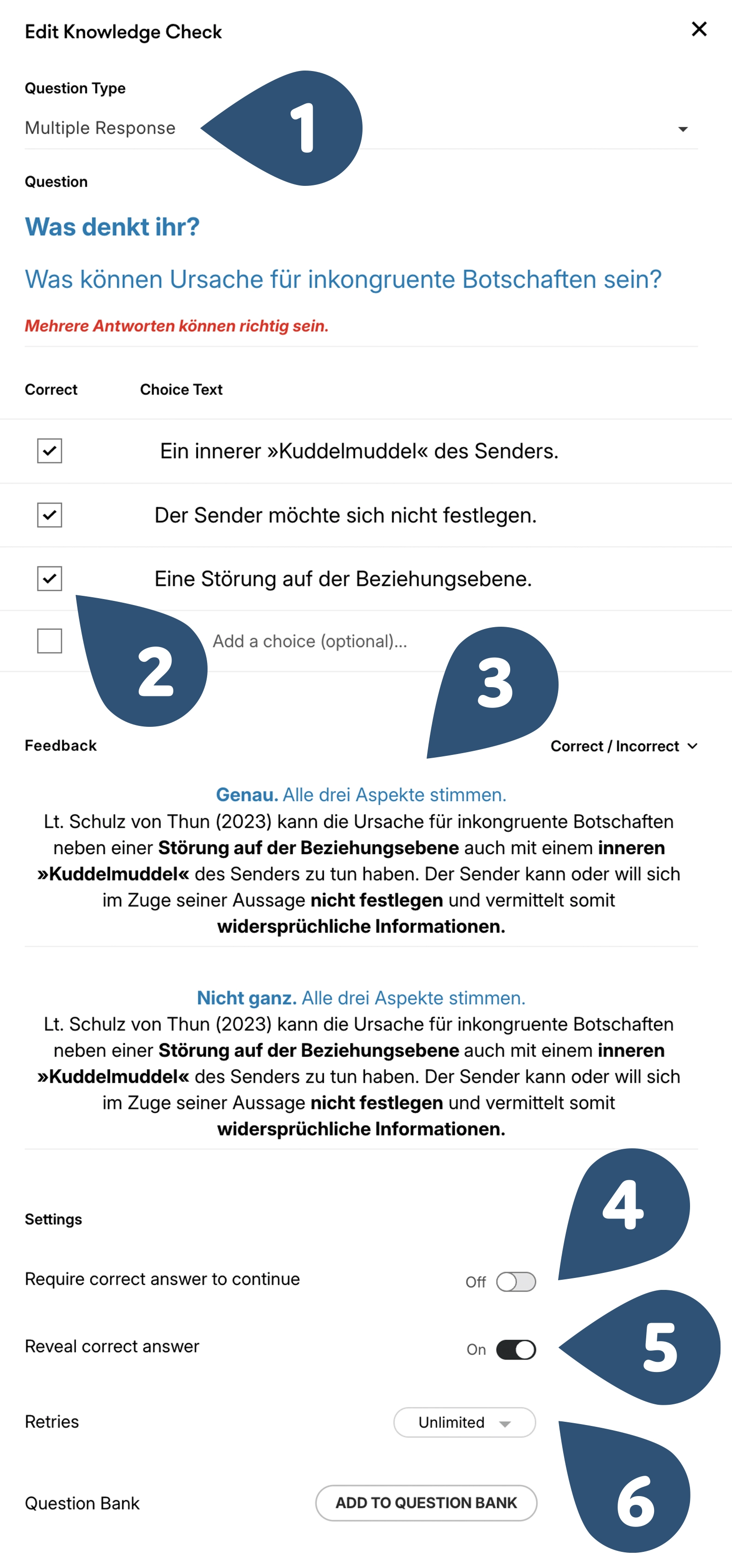 ‚Knowledge Check‘-Einstellungen in den Lektionen