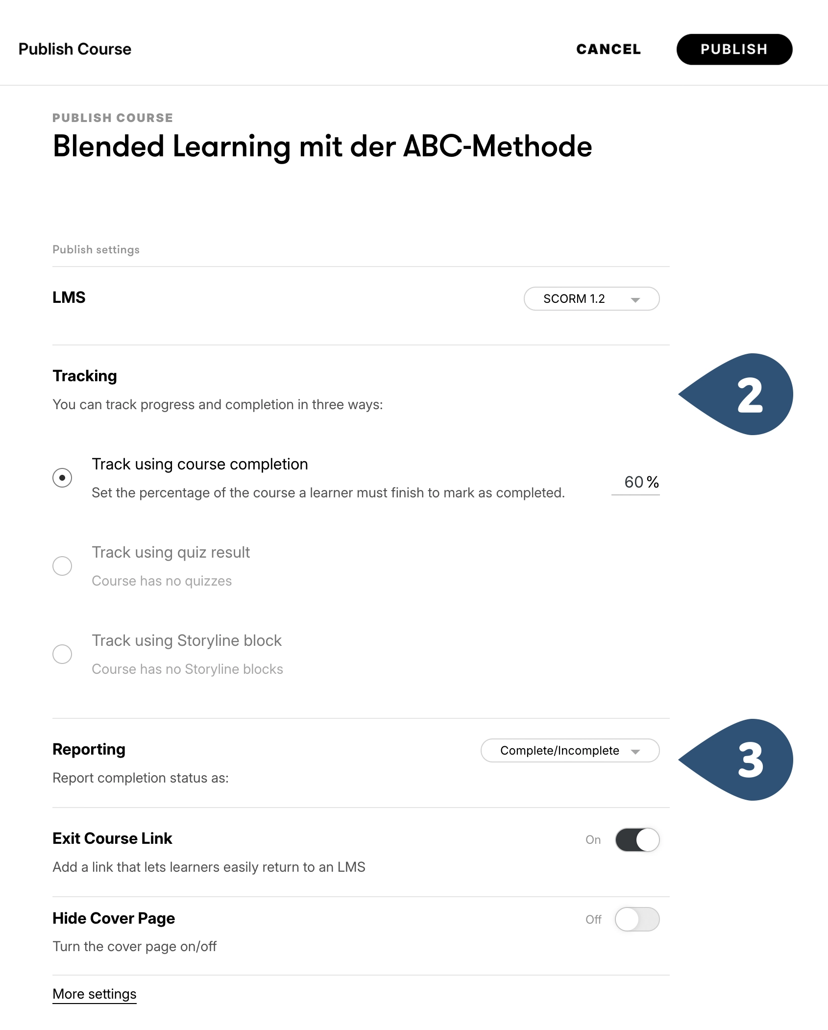 Dialogfeld ‚Publish‘ → ‚LMS‘ im Kurs-Menü auf der Kurs-Startseite
