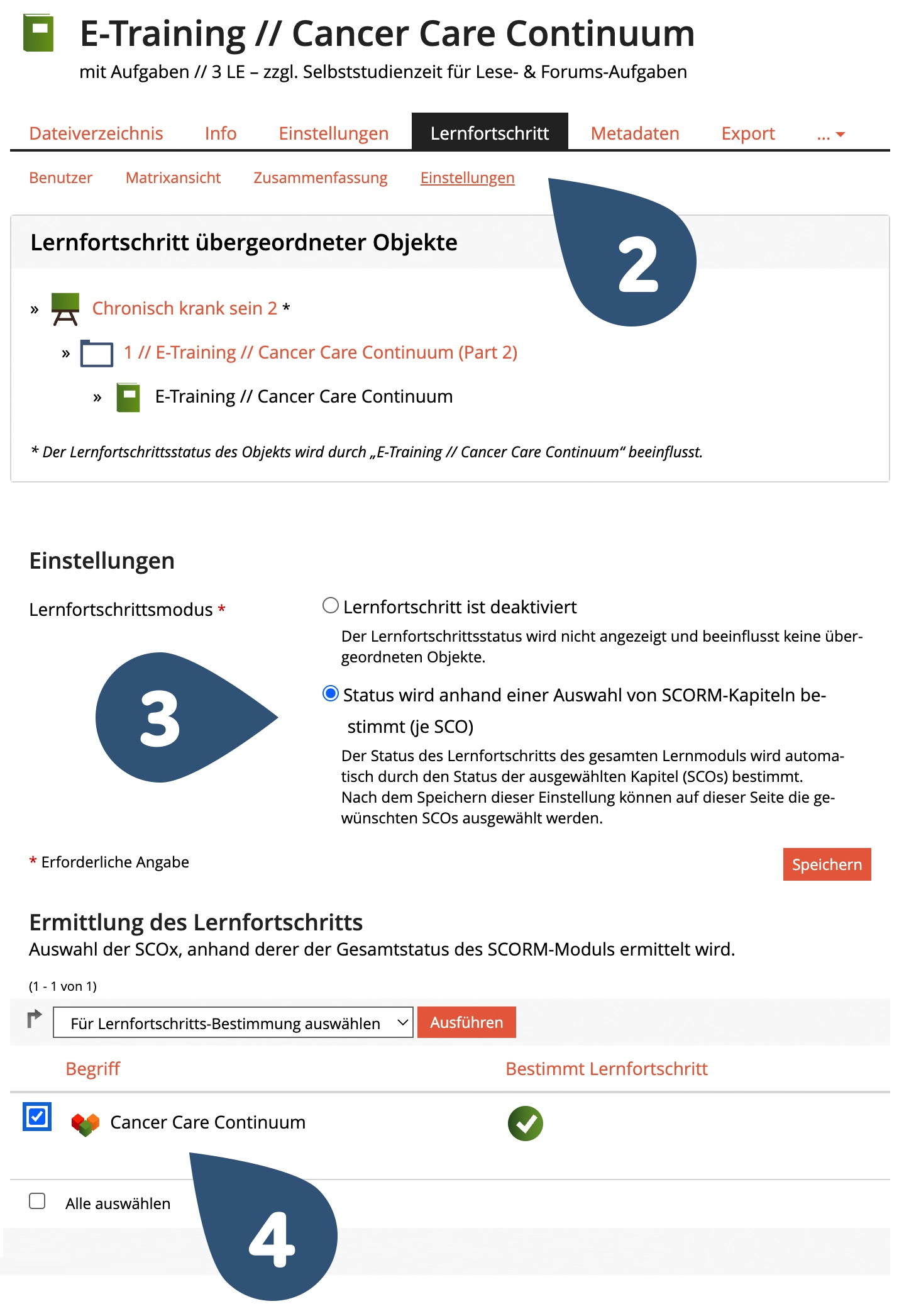 In den Einstellungen vom SCROM-Lernmodul  → Lernfortschritt‘