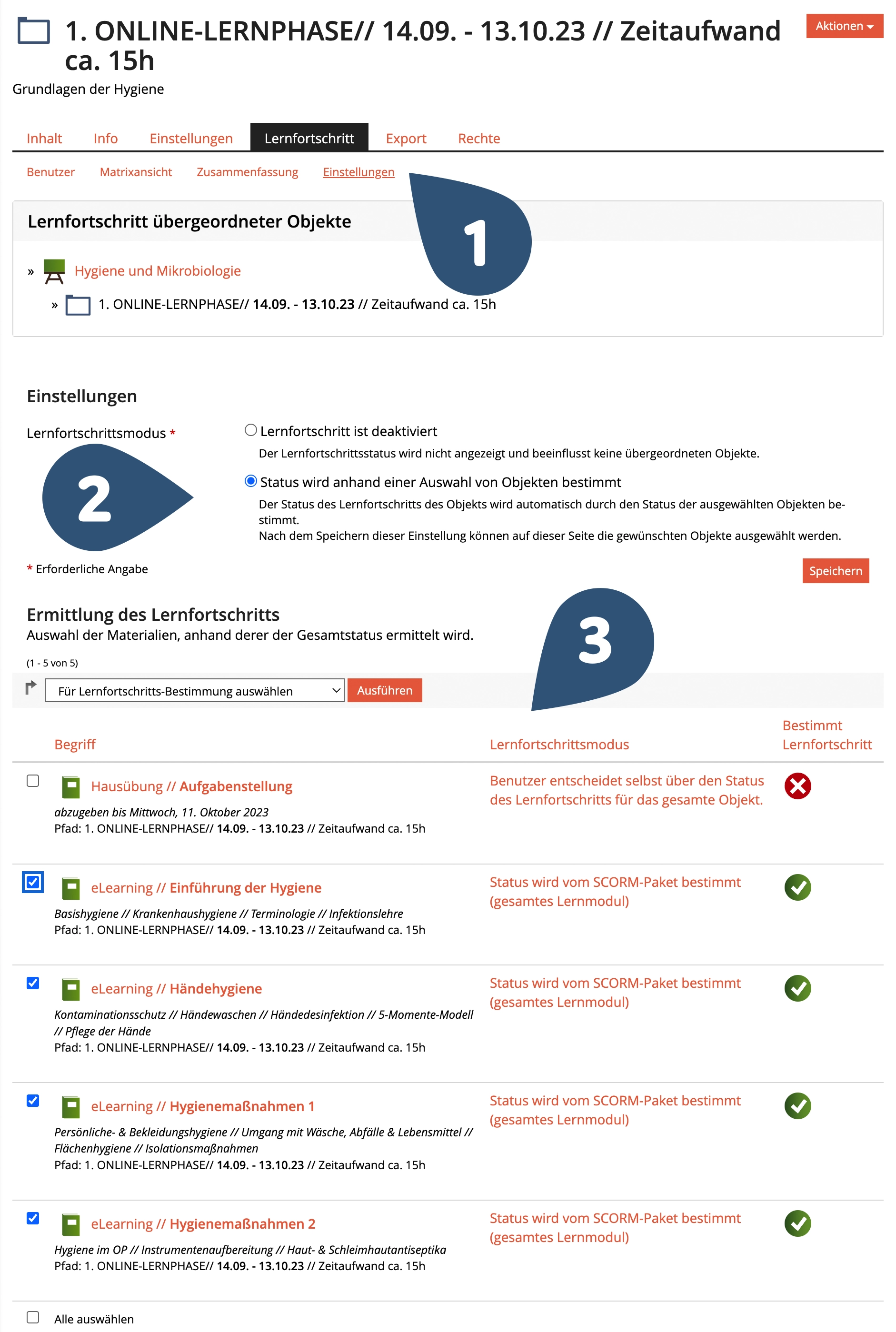 Bearbeitungsfeld „Lernfortschritt“ im ILIAS-Order oder ILIAS-Kurs