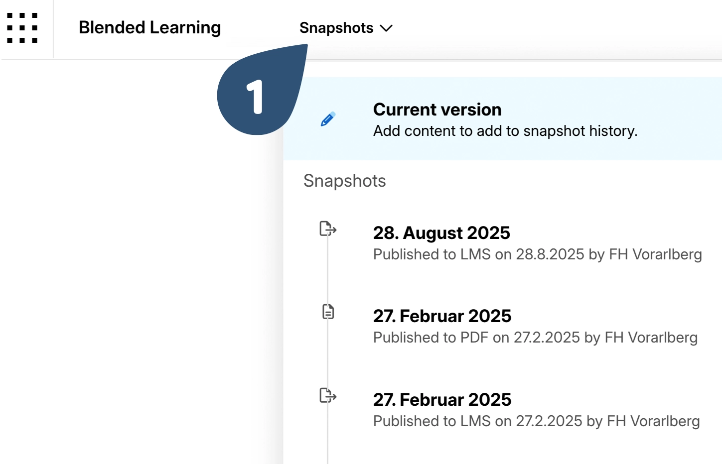 Im Kurs-Menü oben links – ‚Snapshots‘ speichern