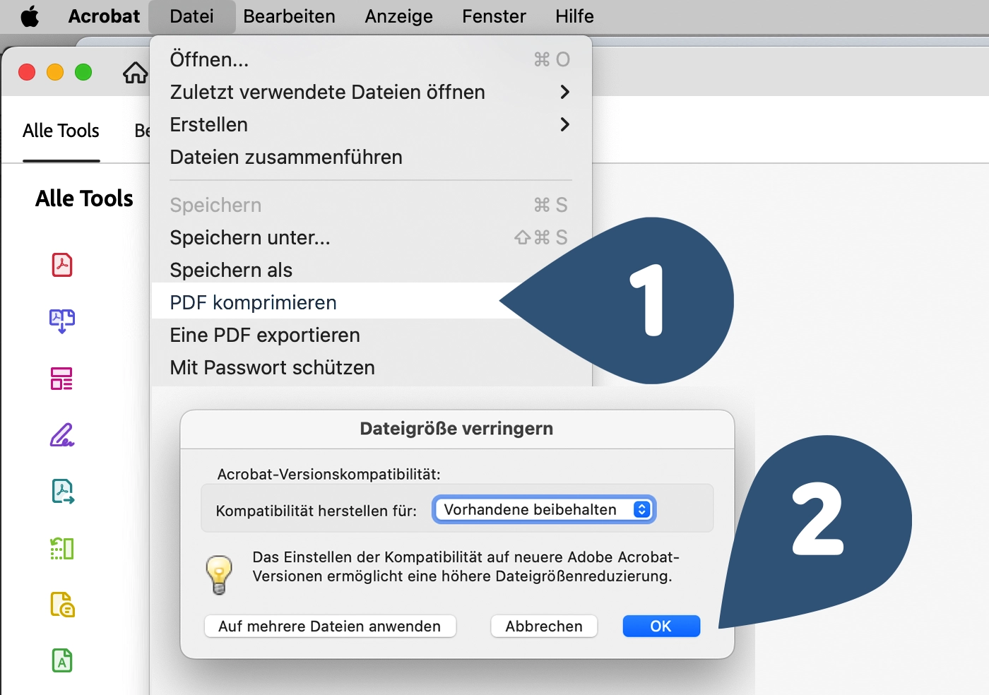 Im Adobe Acrobat: ‚Datei‘  und  ‚PDF komprimieren‘