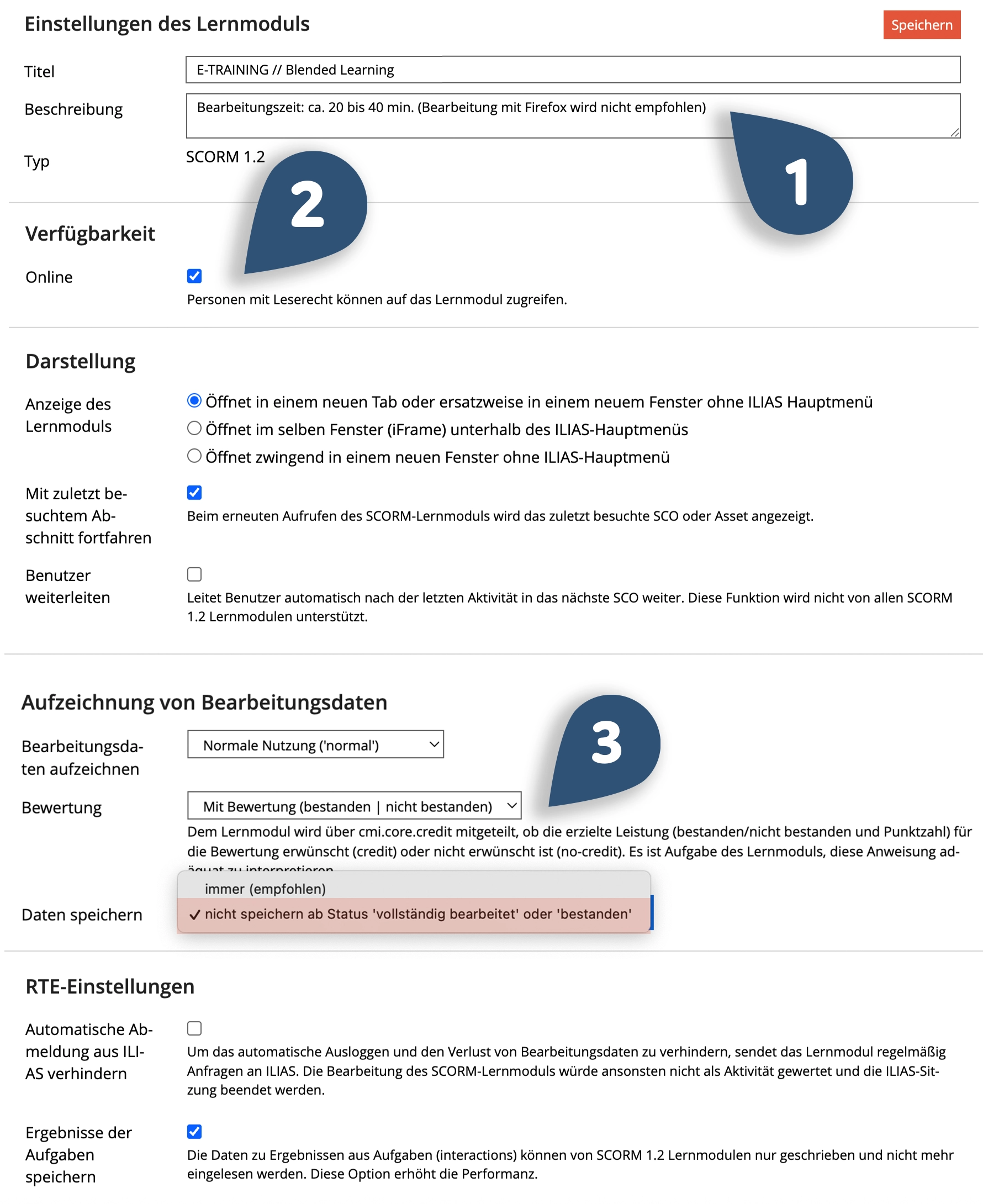 Bearbeitungsfeld ‚Einstellungen des Lernmoduls‘